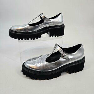 Anthro Bibi Lou Cathy Silver Chunky T-Strap Mary Janes Women's Size US 9 EU 39